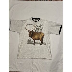Wyoming Elk Shirt Mens XL Gray Ringer Collar 1993 Hazelwoods Made USA